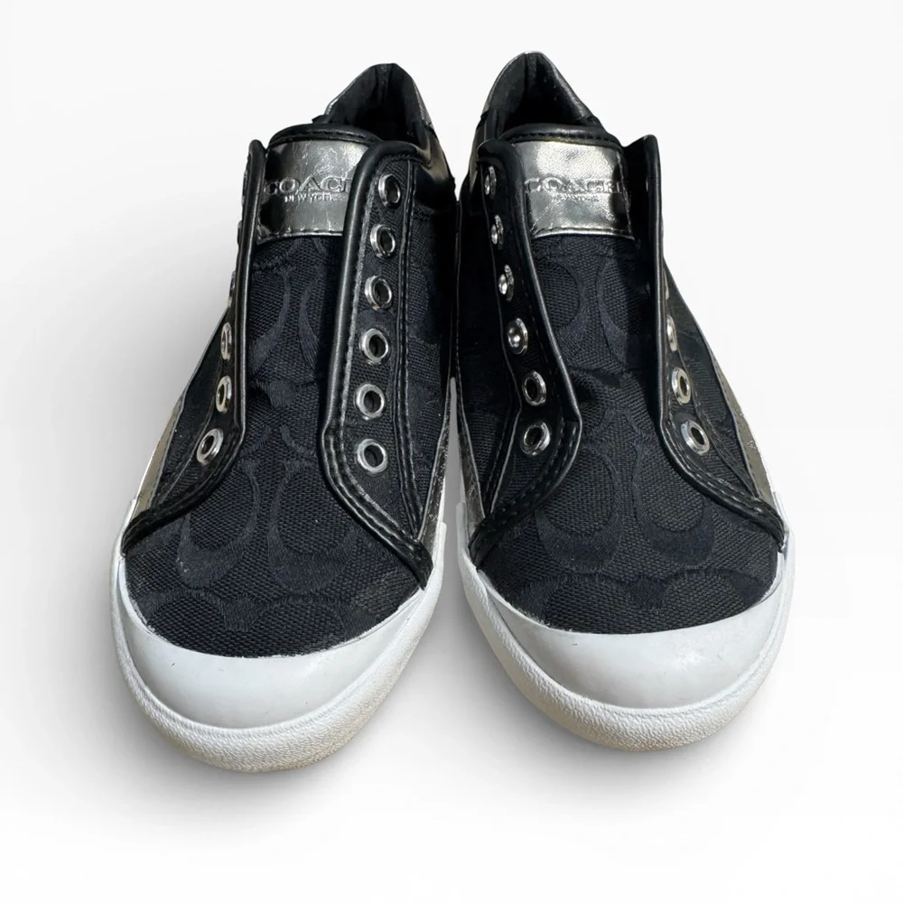 Coach Felix Signature Canvas Slip-On Sneakers Black Silver Womens Size US